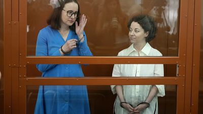 Playwright Svetlana Petrichuk, left, and theatre director Yevgenia Berkovich prior to a court hearing in Moscow on 8 July.