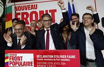 Olivier Faure, Primer Secretario del Partido Socialista, tras la segunda vuelta de las elecciones legislativas, el 7 de julio de 2024, en la sede del partido la noche electoral en París.