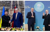 اردوغان در دیدار با پوتین به تاریخ ۳ ژوئیه ۲۰۲۴ (راست) و دیدار با زلنسکی به تاریخ ۸ مارس ۲۰۲۴ (چپ)