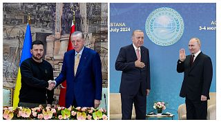 اردوغان در دیدار با پوتین به تاریخ ۳ ژوئیه ۲۰۲۴ (راست) و دیدار با زلنسکی به تاریخ ۸ مارس ۲۰۲۴ (چپ)