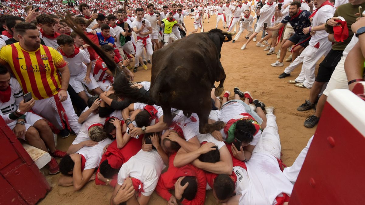 A cow jumps over a group of revellers laid on the ground of the bullring during the fourth day of the running of the bulls at the San Fermín fiestas in Pamplona.