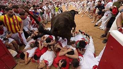 A cow jumps over a group of revellers laid on the ground of the bullring during the fourth day of the running of the bulls at the San Fermín fiestas in Pamplona.