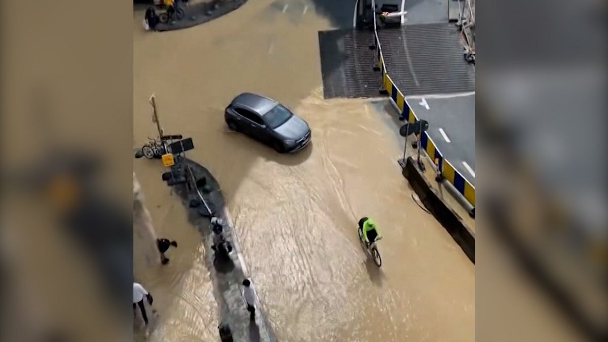  Flooded street and roundabout in front of EU Commission Berlaymont building