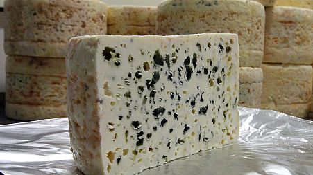 Roquefort cheeses from Carles factory in Roquefort, southwestern France