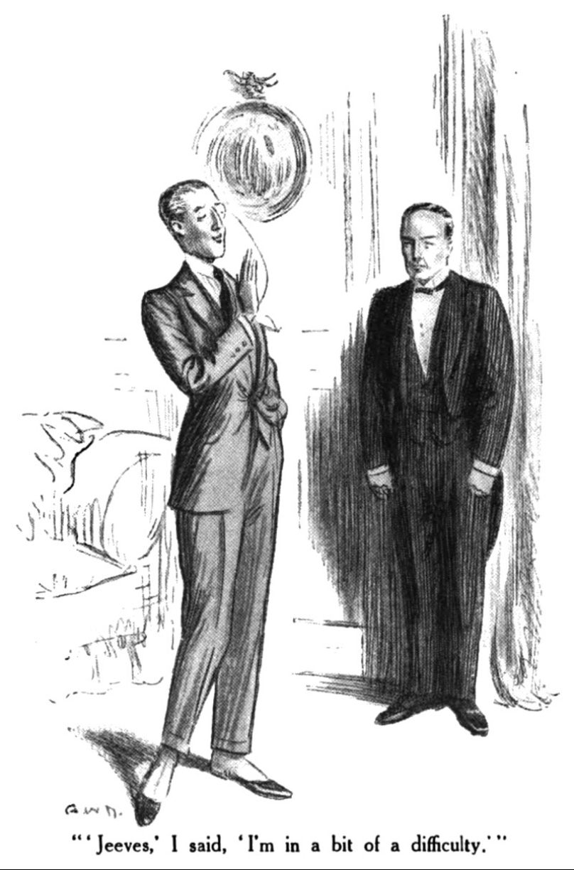 An illustration of Jeeves and Wooster in the short story "Scoring off Jeeves". Published in The Strand Magazine, Feb 1922