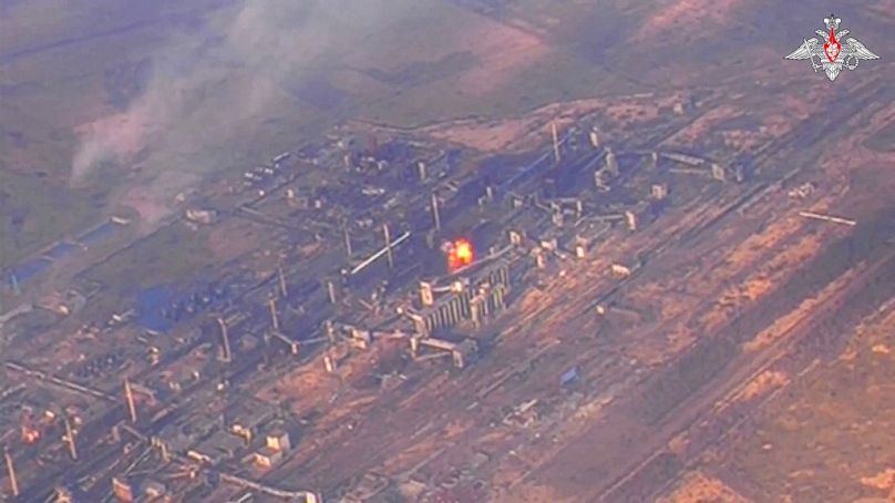 This photo taken from video released by Russian Defense Ministry Press Service on Monday, Feb. 19, 2024, shows an aerial view of the Avdiivka Coke and Chemical Plant, eastern 