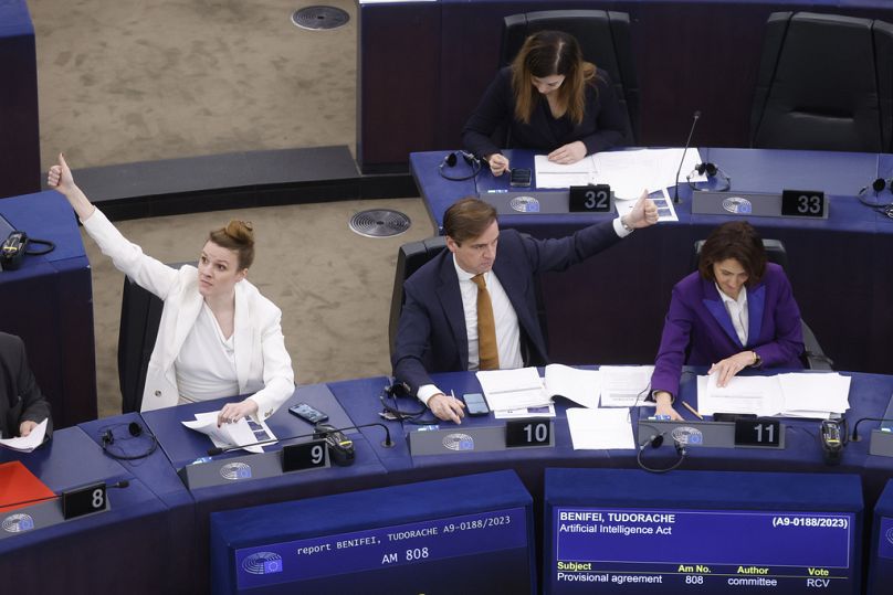European Union lawmakers vote on an Artificial Intelligence Act at the European Parliament, March 2024
