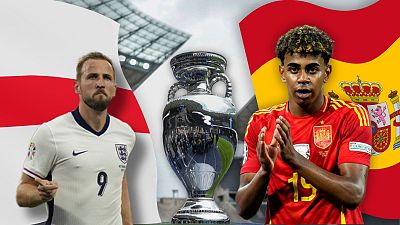 Englands Harry Kane, links, und Spaniens Lamine Yamal, rechts