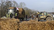 Landwirte installieren Heuballen auf einer Landstraße in der Nähe des Pariser Hauptflughafens, Montag, 29. Januar 2024 bei Roissy-en-France, nördlich von Paris.