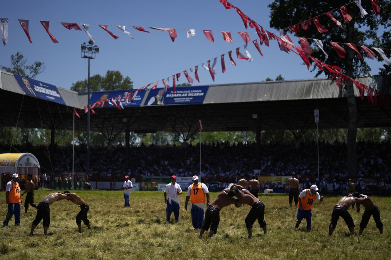 Wrestlers compete during the 663rd annual Historic Kirkpinar Oil Wrestling championship