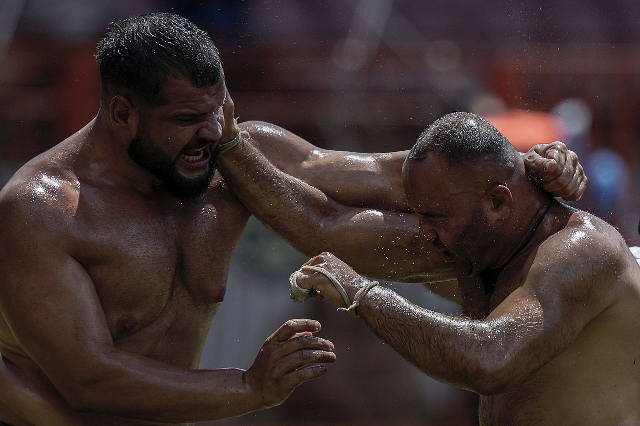Wrestlers compete during the 663rd annual Historic Kirkpinar Oil Wrestling championship