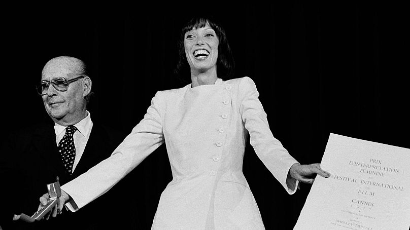 Film festival Jury President Italian director Roberto Rossellini, next to jubilant Shelley Duvall at Cannes - 27 May 1977