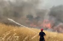 Bir itfaiyeci Dropull'un güney bölgesinde çıkan orman yangınını kontrol altına almaya çalışıyor, 11 Temmuz 2024