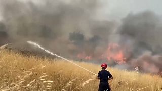 A firefighter tries to bring a wildfire under control in the southern district of Dropull, July 11, 2024