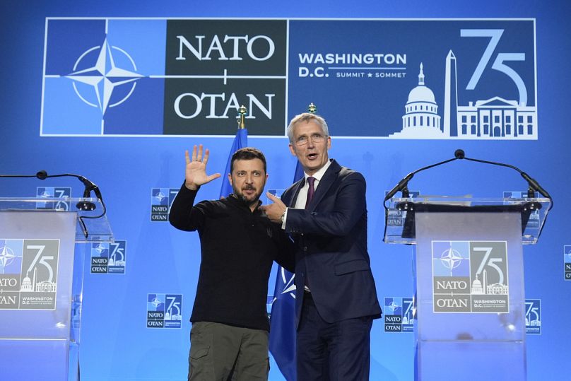 Ukraine's President Volodymyr Zelenskyy and NATO Secretary General Jens Stoltenberg speak during a press conference at the NATO summit in Washington, Thursday, July 11, 2024.