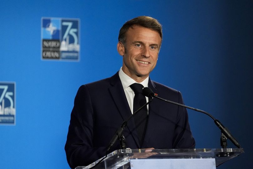 Der französische Präsident Emmanuel Macron auf der Abschlusspressekonferenz des NATO-Gipfels in Washington D.C.