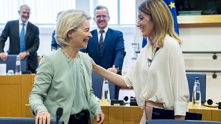 Ursula von der Leyen (left) and European Parliament president Roberta Metsola on 2 July at a meeting of political group presidents