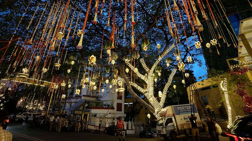 The Antilia mansion, house of billionaire Mukesh Ambani, while it is lit up ahead of his son Anant Ambani and Radhika Merchant's wedding in Mumbai, India