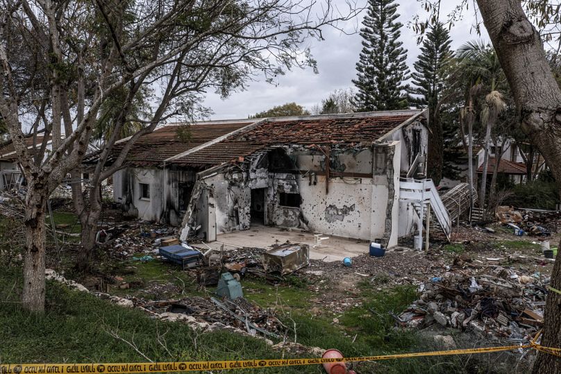 A battle-scarred home in Kibbutz Be'eri, an Israeli communal farm on the Gaza border, is seen on Thursday, Jan. 11, 2024.