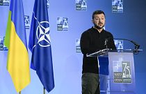 Ukraine's President Volodymyr Zelenskyy speaks during a press conference at the NATO summit in Washington, Thursday, July 11, 2024. (AP Photo/Mark Schiefelbein)