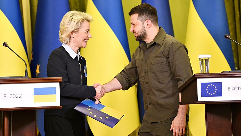 In April 2022, von der Leyen travelled to Kyiv and met with President Zelenskyy.