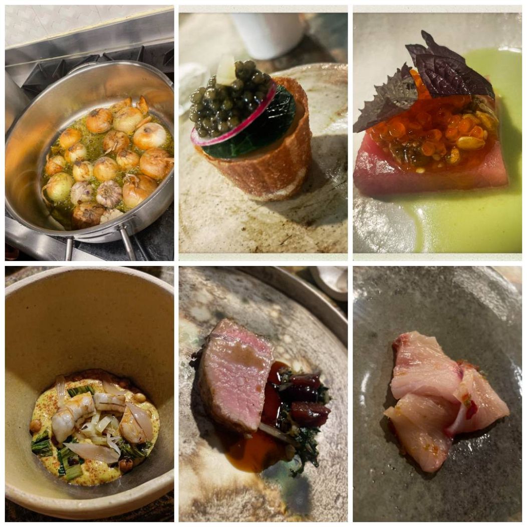 Onion party; Turnip cream; Tuna in Ajoblanco; Shrimp curry; Suckling Pig; Amberjack and chili