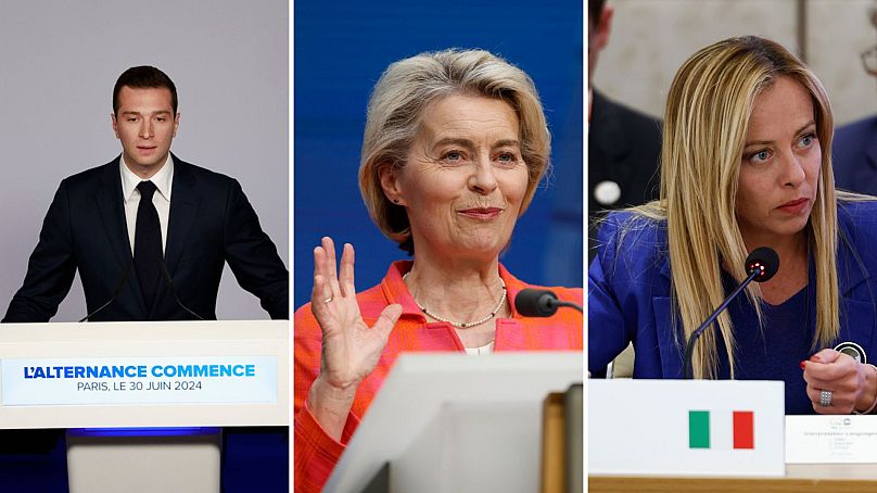 Jordan Bardella, Ursula von der Leyen és Georgia Meloni