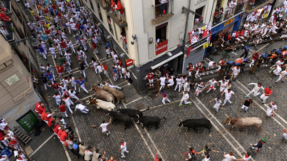 Feiernde rennen mit Stieren von der José Escolar-Ranch am siebten Tag der Stierrennen bei den Sanfermínes in Pamplona, 13. Juli 2024. 