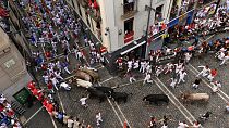 Revelers run with bulls from the José Escolar ranch during the seventh day of the running of the bulls at the San Fermín fiestas in Pamplona, Spain, Saturday, July 13, 2024.