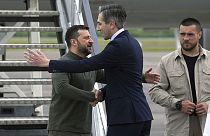 Ukrainian President Volodymyr Zelenskyy is greeted by Irish Taoiseach Simon Harris at Shannon Airport, Ireland, Saturday July 13, 2024. 