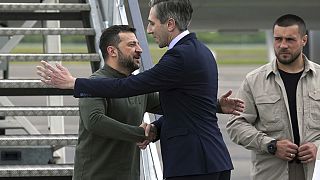 Ukrainian President Volodymyr Zelenskyy is greeted by Irish Taoiseach Simon Harris at Shannon Airport, Ireland, Saturday July 13, 2024. 