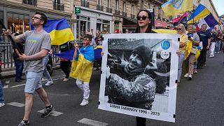 Manifestation pour rendre hommages aux athlètes ukrainiens tués par l'invasion russe, Paris, 13 juillet 2024.