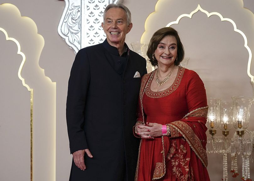 Former British Prime Minister Tony Blair and his wife Cherie at the wedding in Mumbai, July 12, 2024