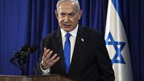 Israeli Prime Minister Benjamin Netanyahu speaks during a news conference in Tel Aviv, July 13, 2024