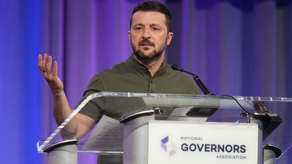 Ukraine's President Volodymyr Zelenskyy speaks at the 2024 summer meeting of the National Governors Association in Salt Lake City, July 12, 2024