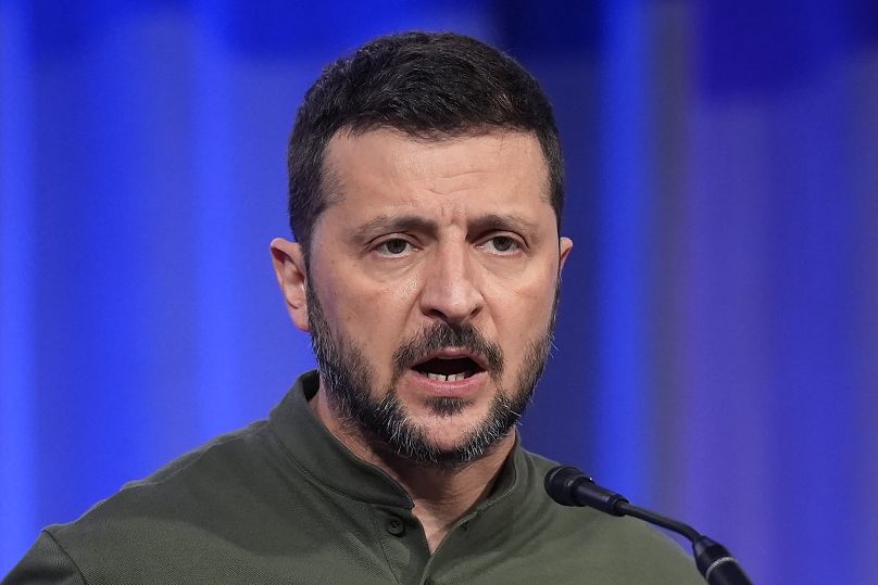 Ukraine's President Volodymyr Zelenskyy speaks at the 2024 summer meeting of the National Governors Association in Salt Lake City, July 12, 2024