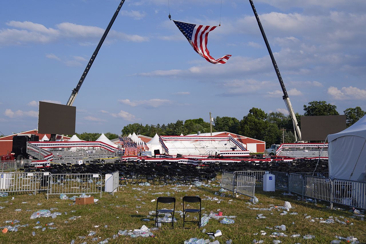 A campaign rally site for Republican presidential candidate former President Donald Trump is empty and littered with debris Saturday, July 13, 2024, in Butler