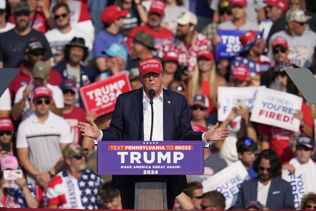 Republican presidential candidate former President Donald Trump speaks at a campaign event in Butler