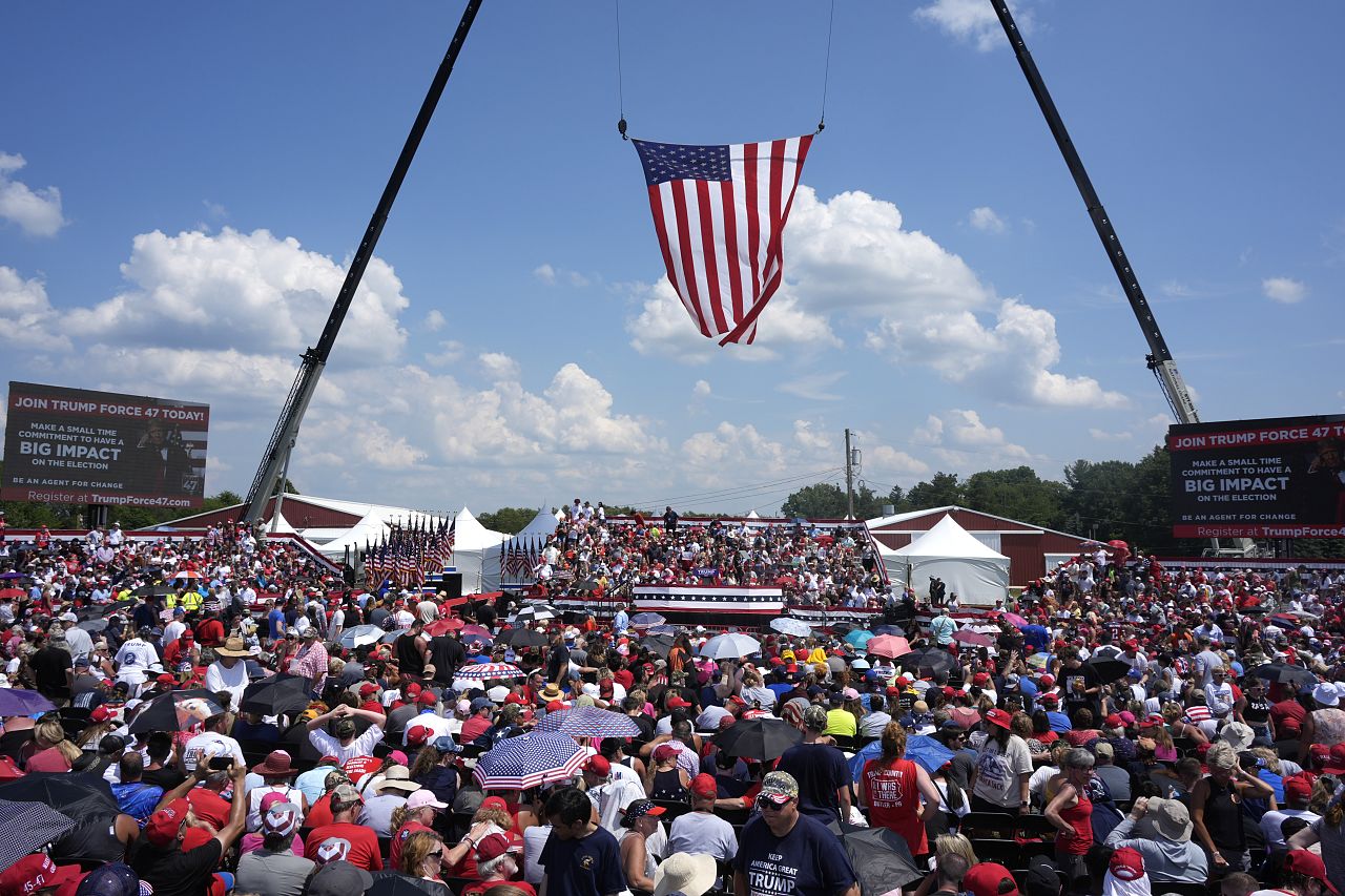 A crowd waits for Republican presidential candidate former President Donald Trump to speak at a campaign event in Butler