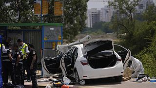 Israeli security forces examine the scene of a suspected ramming attack near Ramla, Israel Sunday, July 14, 2024. 
