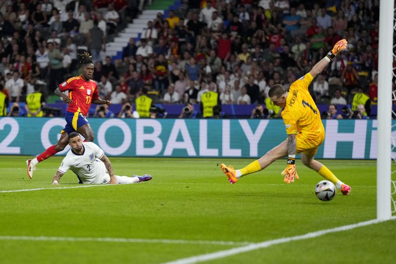 Nico Williams scores the opening goal for Spain against England in Berlin in the Euro 2024 final