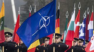 Bandeira da NATO com as bandeiras dos países membros a serem flanqueadas durante uma marcha militar
