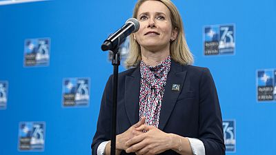 O primeiro-ministro cessante da Estónia, Kaja Kallas, discursa na cimeira da NATO em Washington DC, na quinta-feira, 11 de julho