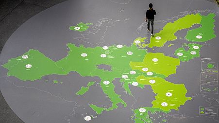 A map showing the countries of the Eurozone in the hallway of the ECB after a meeting of the ECB's governing council in Frankfurt, Germany. Thursday, June 6, 2024.