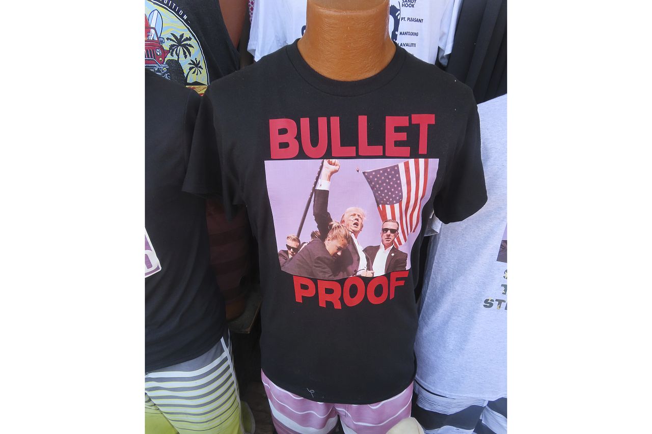 T-shirts referencing the shooting of former President Donald Trump were selling on the boardwalk in Wildwood, N.J. on 15 July, less than 48 hours after the incident