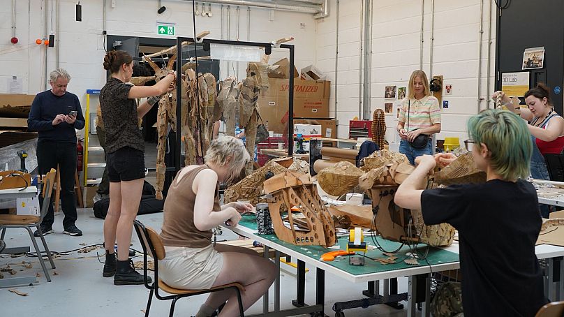 Various students work on crafting animal puppets for The Herds project at Wimbledon College of Arts, London