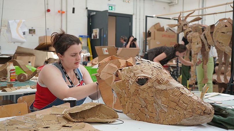 Student Faith Duffy works on a cardboard Kudu head at Wimbledon College of Arts, London