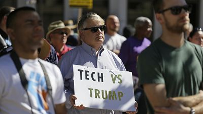 A Tech Stands Up rally in 2017: employees rallied together to call on their companies and CEOs to stand with their workers against injustice and hate. 