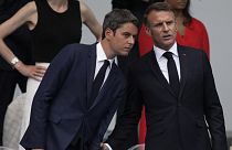 الرئيس الفرنسي إيمانويل ماكرون، على اليمين، ورئيس الوزراء الفرنسي غابرييل أتال يحضران موكب يوم الباستيل الأحد 14 يوليو 2024 في باريس.
