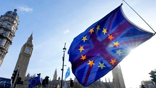 EU and UK flags are flown together at a protest in London's Parliament Square.